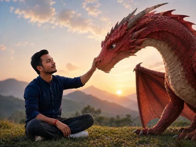 Man Bonding With Red Dragon at Sunset preview image 1