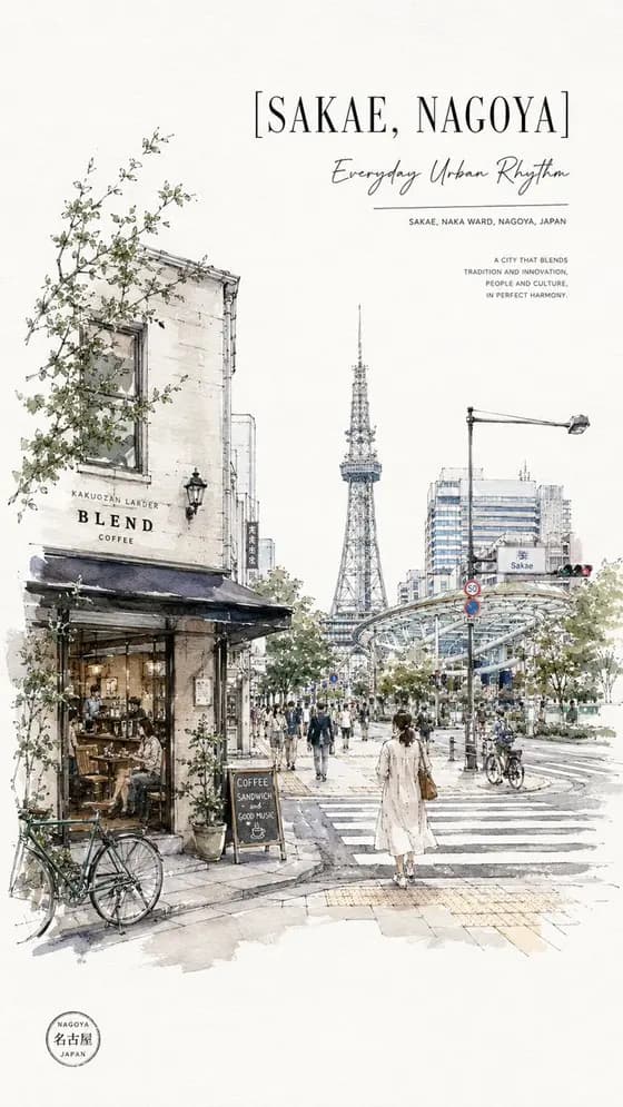 Sakae Nagoya Watercolor Travel Poster preview image 1