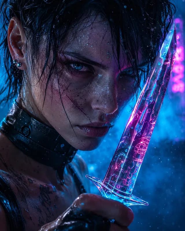 Cyberpunk Assassin With Neon Glass Dagger preview image 1