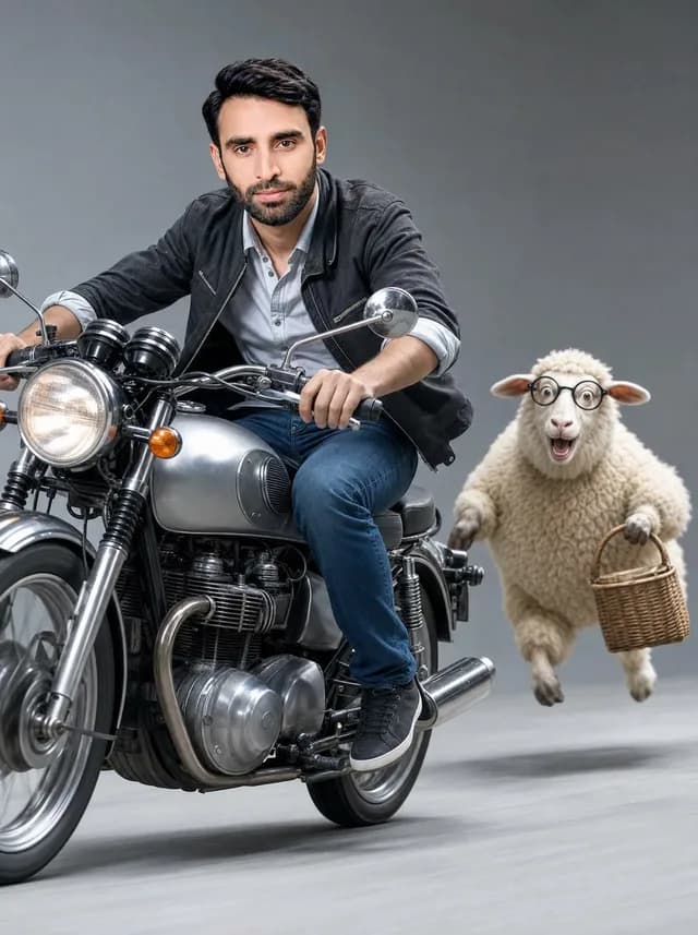 Man on Retro Motorcycle with Leaping Sheep preview image 1