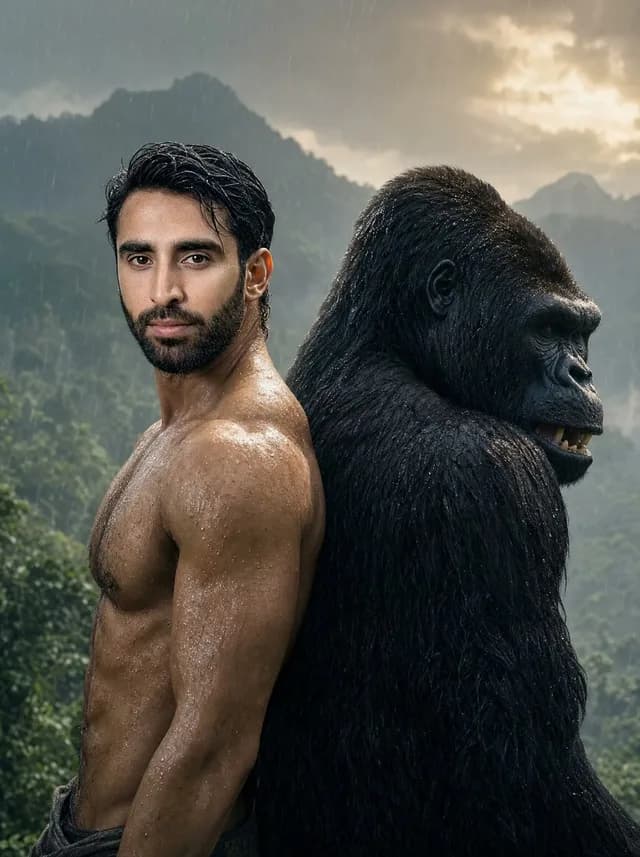 Rainy Jungle Man and Gorilla Portrait preview image 1