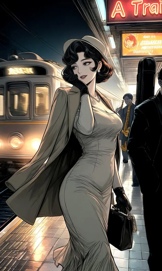 Elegant Woman on Night Train Platform preview image 1