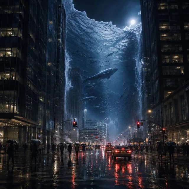 Surreal Ocean Wall in Rainy City preview image 1