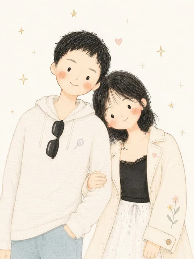 Minimalist Anime Couple Watercolor Illustration preview image 1
