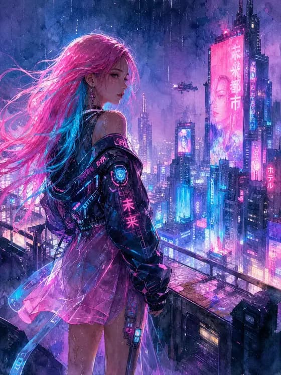 Watercolor Cyberpunk Rooftop Girl preview image 1