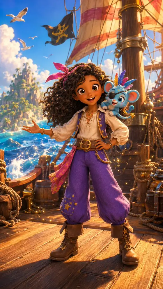 Whimsical Pirate Girl on Ship Deck preview image 1