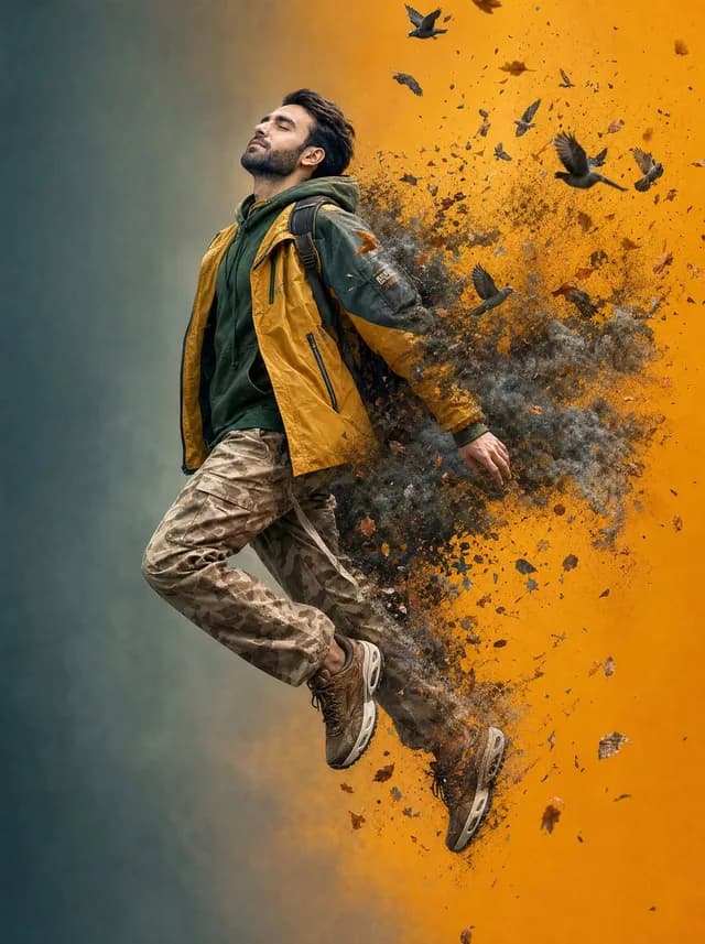 Surreal Floating Man Dissolving Into Ash preview image 1