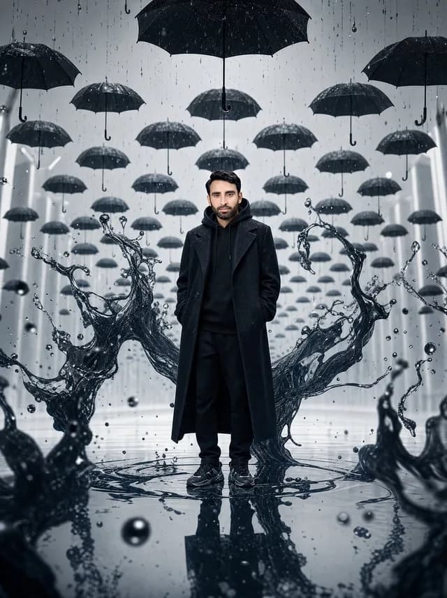 Surreal Man in Black Rain Room preview image 1