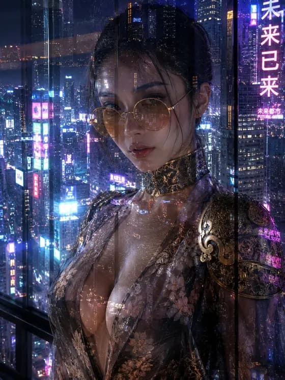 Cyberpunk Woman by Neon City Window preview image 1