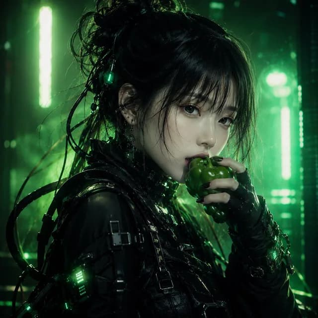 Cyberpunk Woman Eating Bell Pepper preview image 1