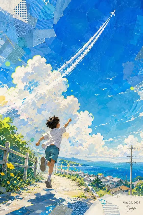 Boy Chasing Airplane Contrail preview image 1