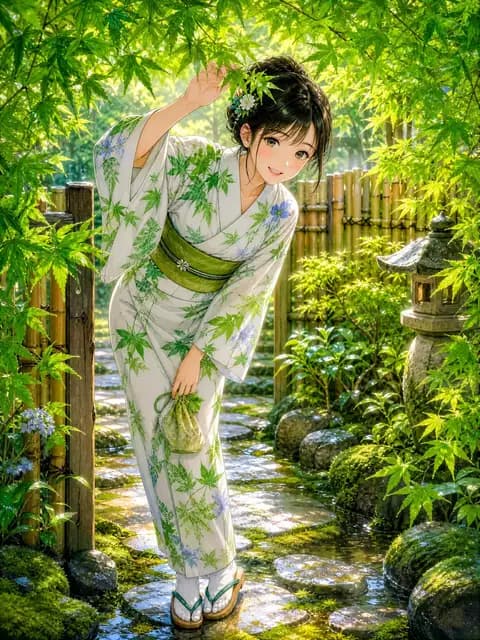 Rainy Maple Garden Kimono Scene preview image 1