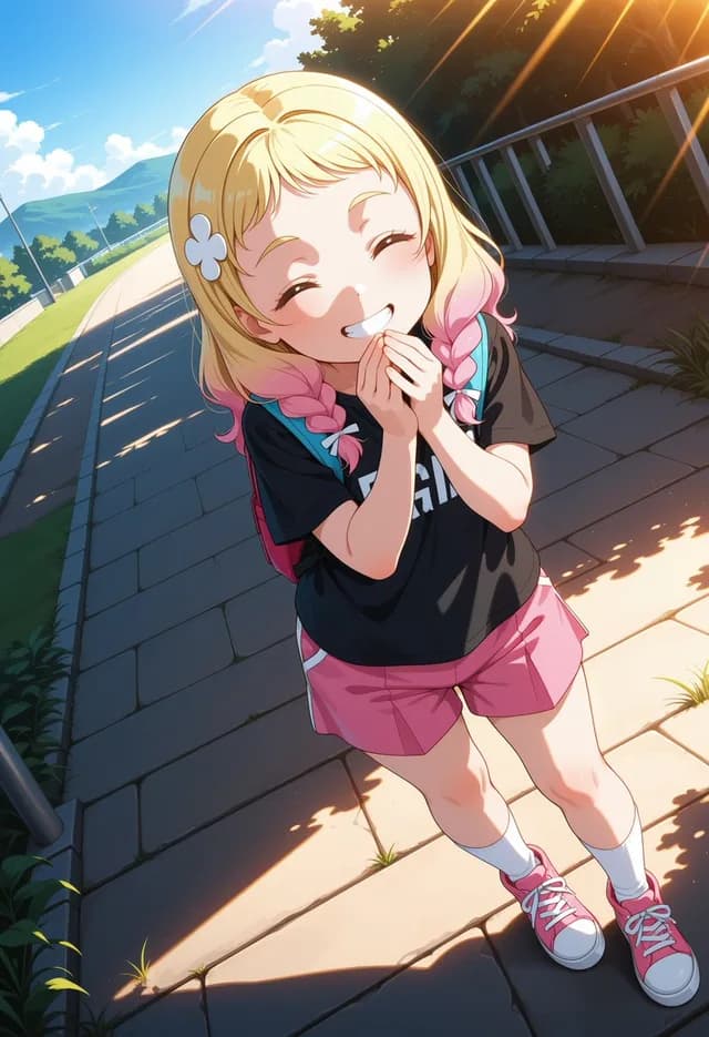 Cheerful Anime Girl on Sunny Sidewalk preview image 1