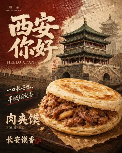 Retro Xi'an Roujiamo Food Poster preview image 1