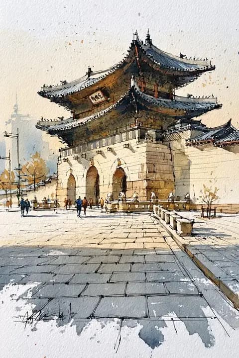 Korean Hanok Watercolor Sketch preview image 1