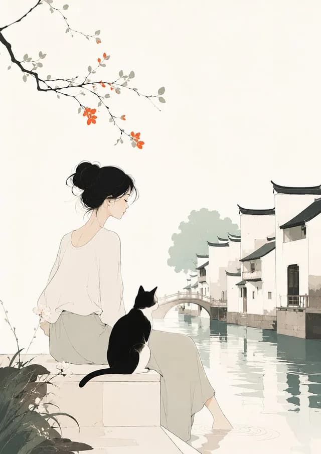 Minimalist Illustration of Girl and Cat preview image 1