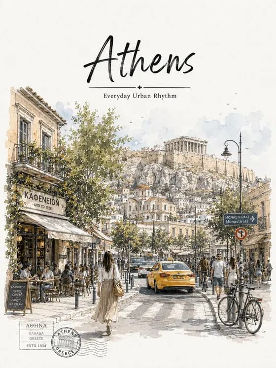Athens Travel Sketch and Watercolor Poster preview image 1