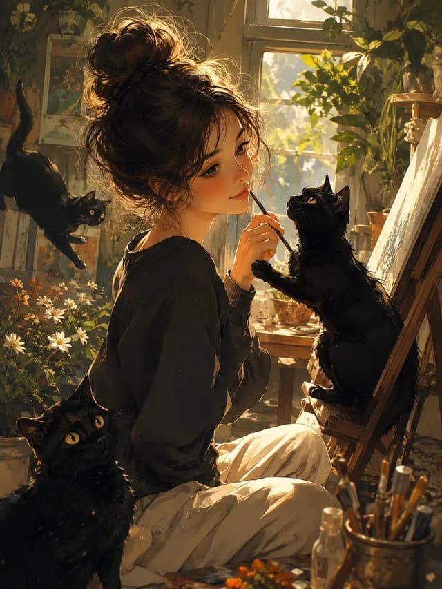 Rainy Studio Artist with Black Cats preview image 1