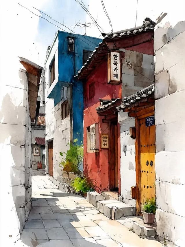 Watercolor Korean Hanok Village Sketch preview image 1