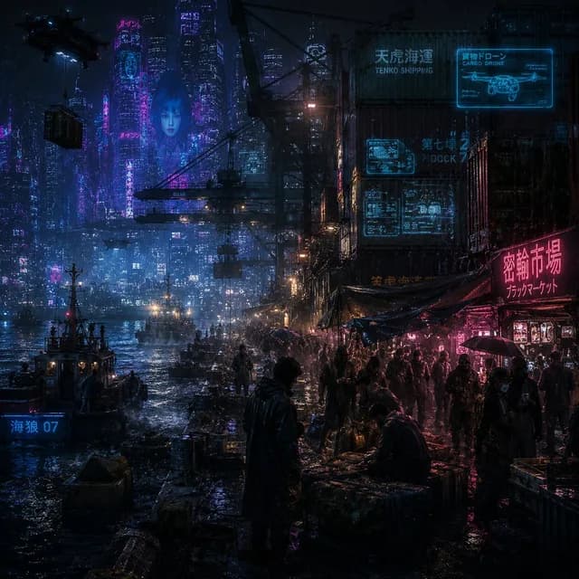 Rainy Cyberpunk Harbor Black Market preview image 1