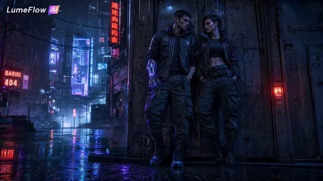 Cyberpunk Couple in Rainy City preview image 1