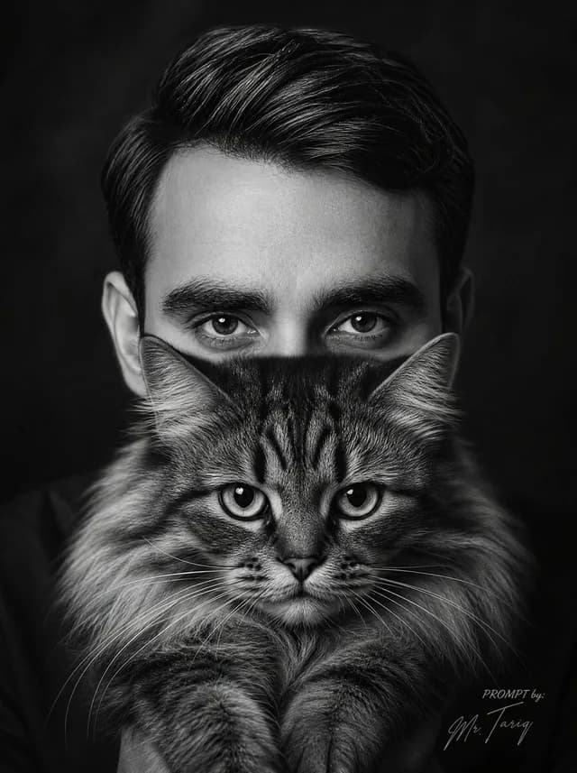 Monochrome Man Holding Cat Portrait preview image 1