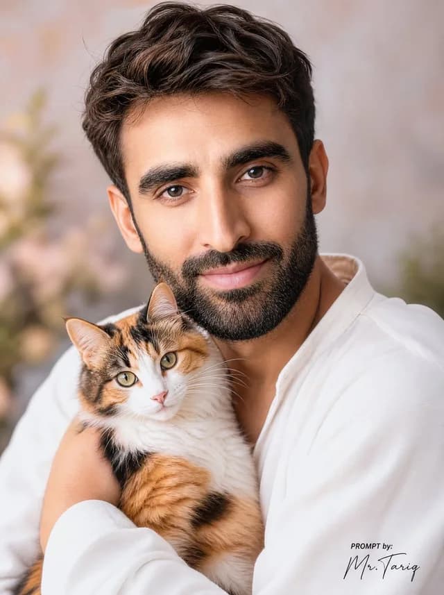 Dreamy Man Holding Calico Cat Portrait preview image 1