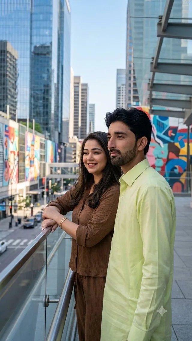 Urban Skywalk Cinematic Couple Portrait preview image 1