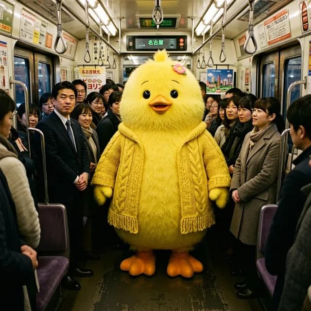 Yellow Chick Mascot on Japanese Train preview image 1