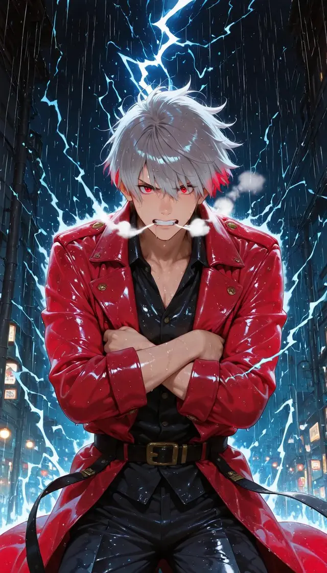 Rainy Anime Swordsman in Red Coat preview image 1