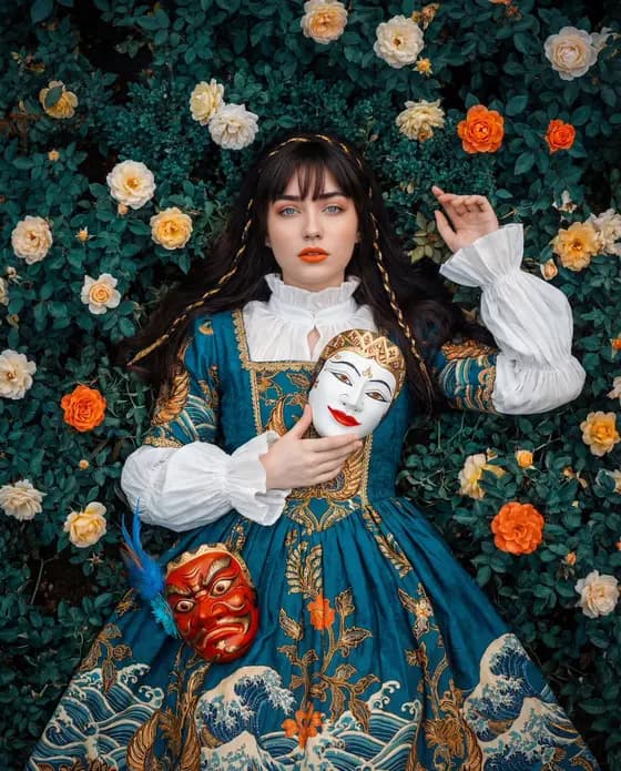 Cultural Fusion Overhead Portrait with Masks preview image 1