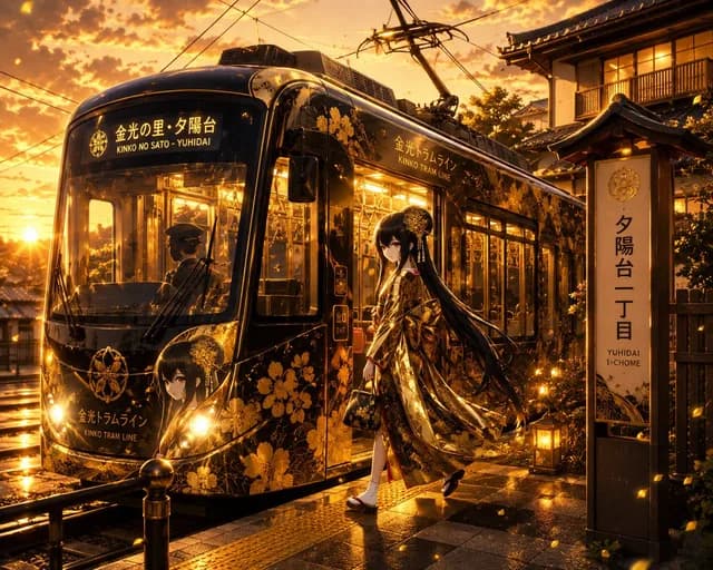 Golden Anime Tram at Sunset preview image 1