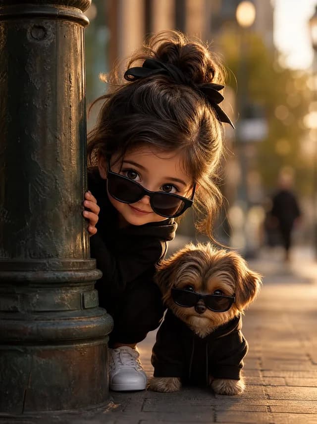 Girl and Puppy Behind Lamppost preview image 1
