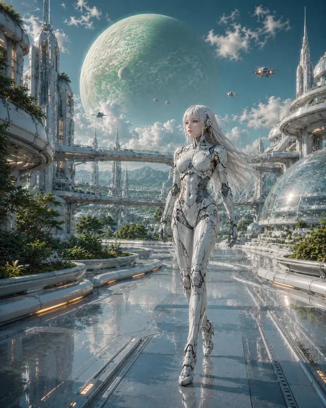 Female Android in Futuristic Space City preview image 1