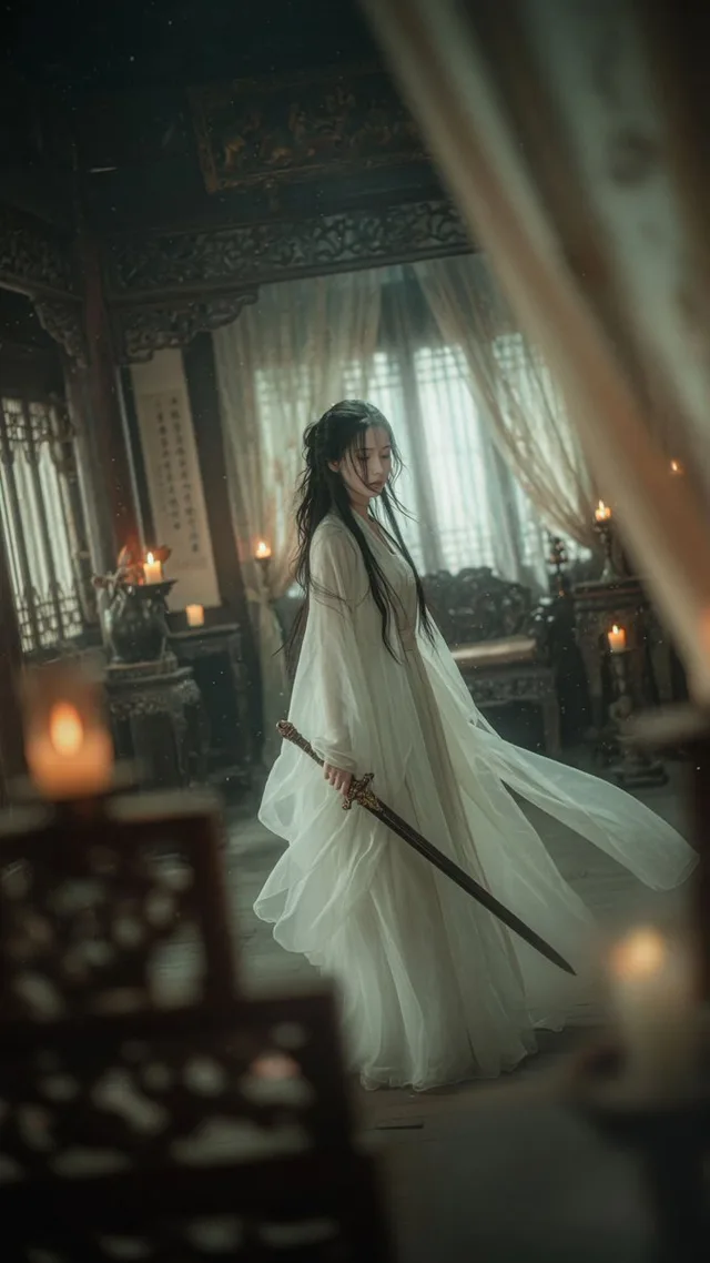 Cinematic Wuxia Swordswoman in Candlelit Chamber preview image 1