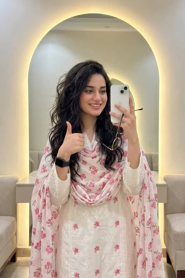 Backlit Mirror Selfie in Floral Shalwar Kameez preview image 1