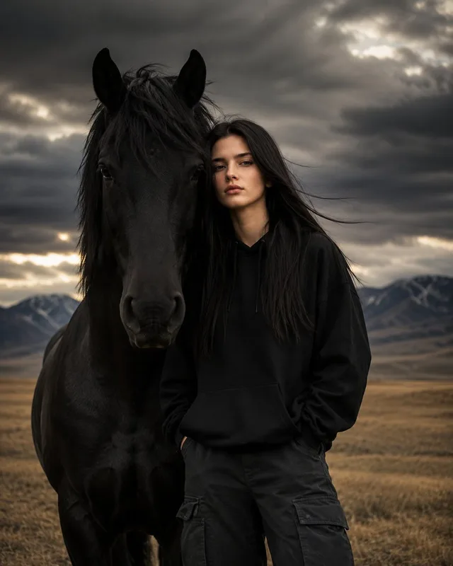 Mythical Woman and Black Horse Portrait preview image 1