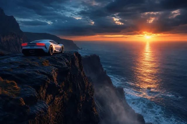 Sports Car on Ocean Cliff at Sunset preview image 1