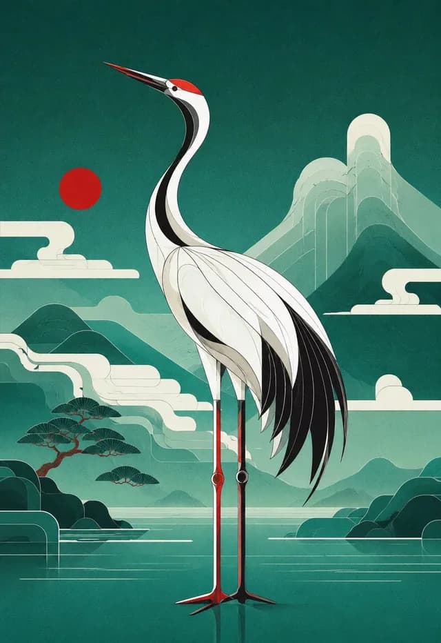Geometric Red-Crowned Crane Poster preview image 1