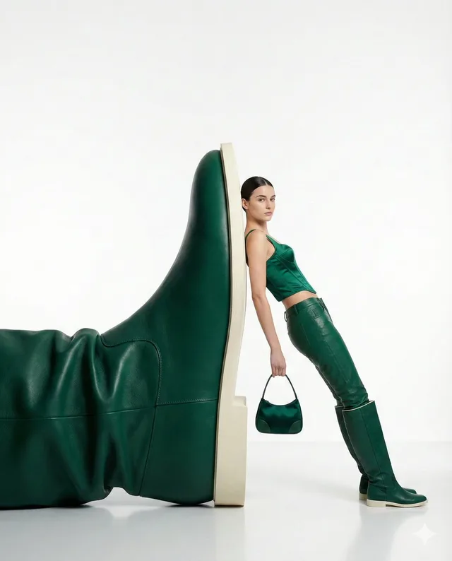 View full prompt & copy{ "style": "high-fashion editorial photography with a minimalist surrealist concept", "subject": "a self-assured woman casually leaning beside an enormous green leather boot installation", "pose": "relaxed but commanding full-body stance, torso slightly angled, one hand carrying a compact handbag", "outfit": { "top": "sleek emerald green sleeveless fitted top", "bottom": "coordinated green leather trousers", "footwear": "knee-high green leather boots", "accessories": "small structured handbag in matching green leather" }, "composition": { "scale": "surreal oversized footwear sculpture contrasted against the human model", "framing": "centered full-body fashion campaign frame with clean negative space", "background": "seamless pure white studio backdrop", "floor": "glossy white floor with soft reflections" }, "lighting": { "type": "soft controlled studio illumination", "mood": "clean, luxurious, premium editorial atmosphere", "shadows": "subtle natural shadows with polished control" }, "color_palette": "monochrome emerald and leather green tones set against neutral white", "camera": { "angle": "eye-level perspective", "lens": "85mm fashion portrait lens", "depth_of_field": "crisp subject detail with a smooth, distraction-free studio background" }, "vibe": "modern luxury fashion campaign, confident styling, surreal elegance, magazine-ready presentation", "quality": "ultra-high resolution, sharp details, polished commercial editorial finish" }Generate image preview image 1