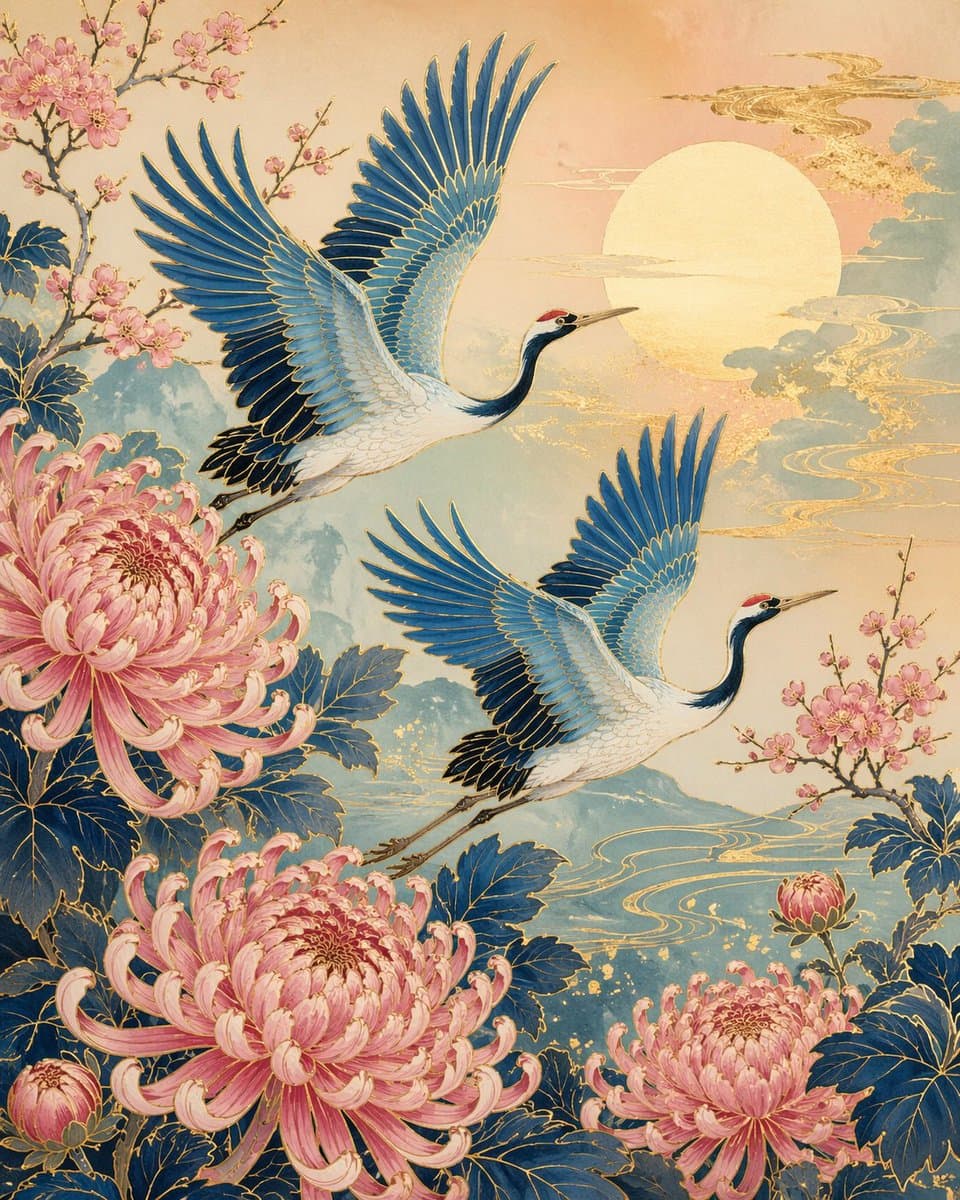 Japanese Crane and Chrysanthemum Art preview image 1