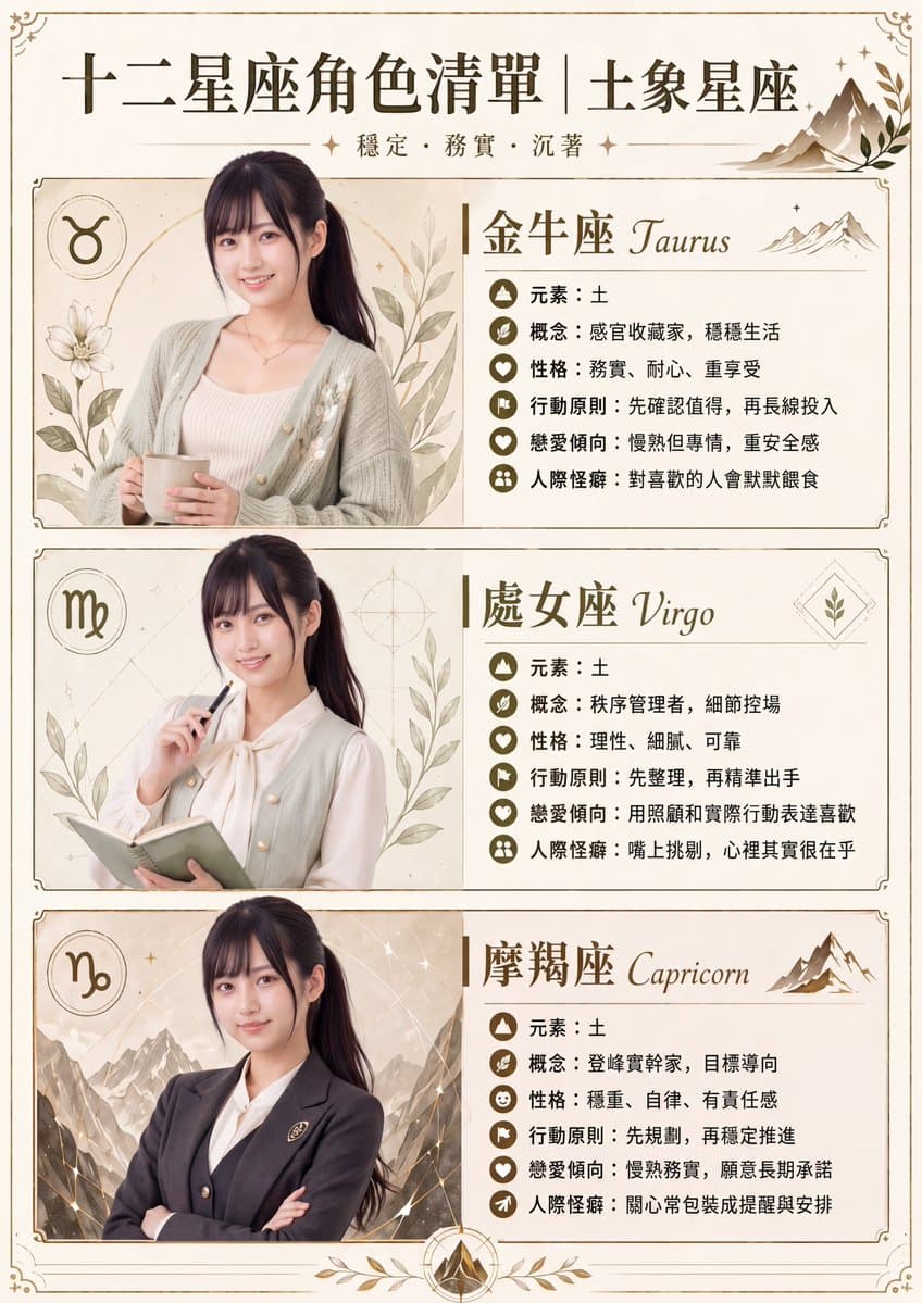 Earth Signs Zodiac Character Poster preview image 1
