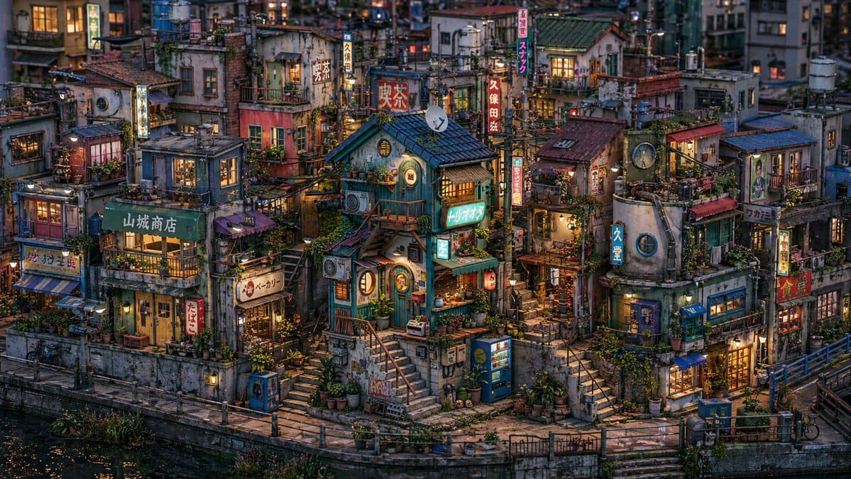 Miniature Japanese Canal Town at Dusk preview image 1