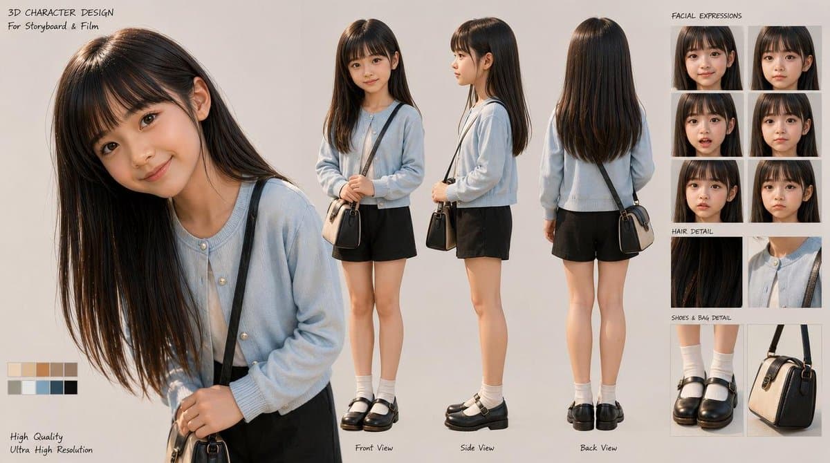 3D Schoolgirl Character Design Sheet preview image 1