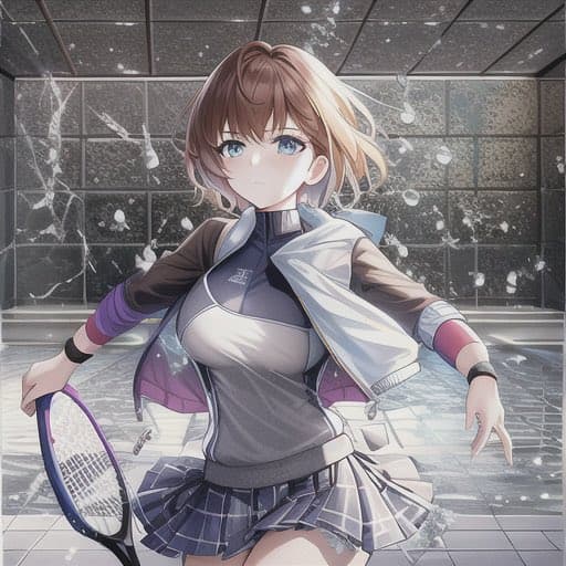 Anime Tennis Girl in Shattered Indoor Court preview image 1
