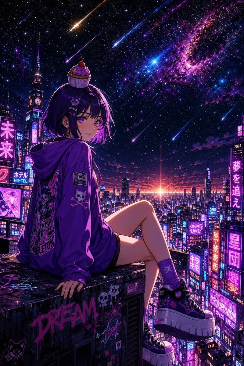 Cyberpunk Cupcake Rooftop Girl preview image 1