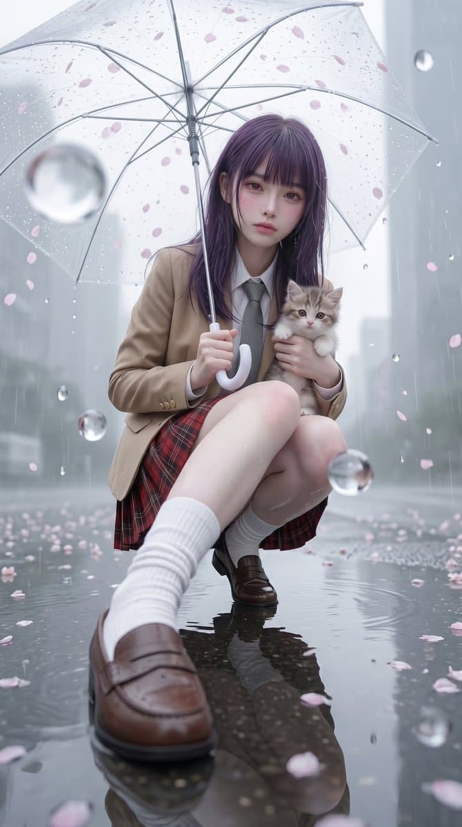 Rainy Sakura Schoolgirl Portrait preview image 1