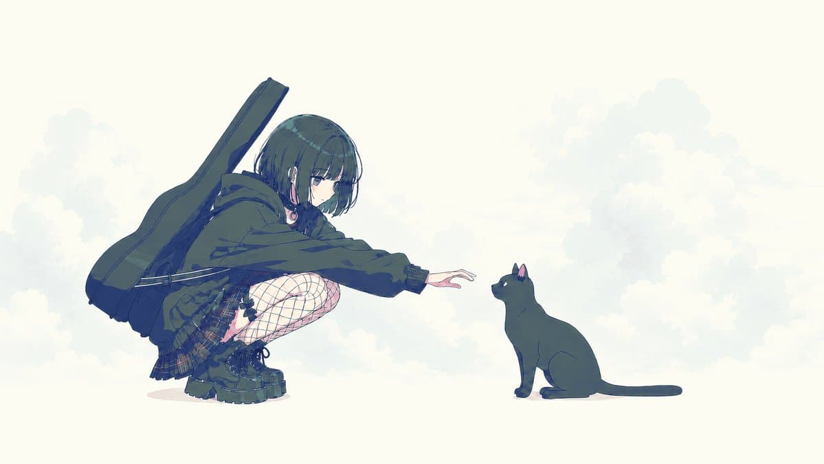 Anime Girl Reaching Toward Cat preview image 1