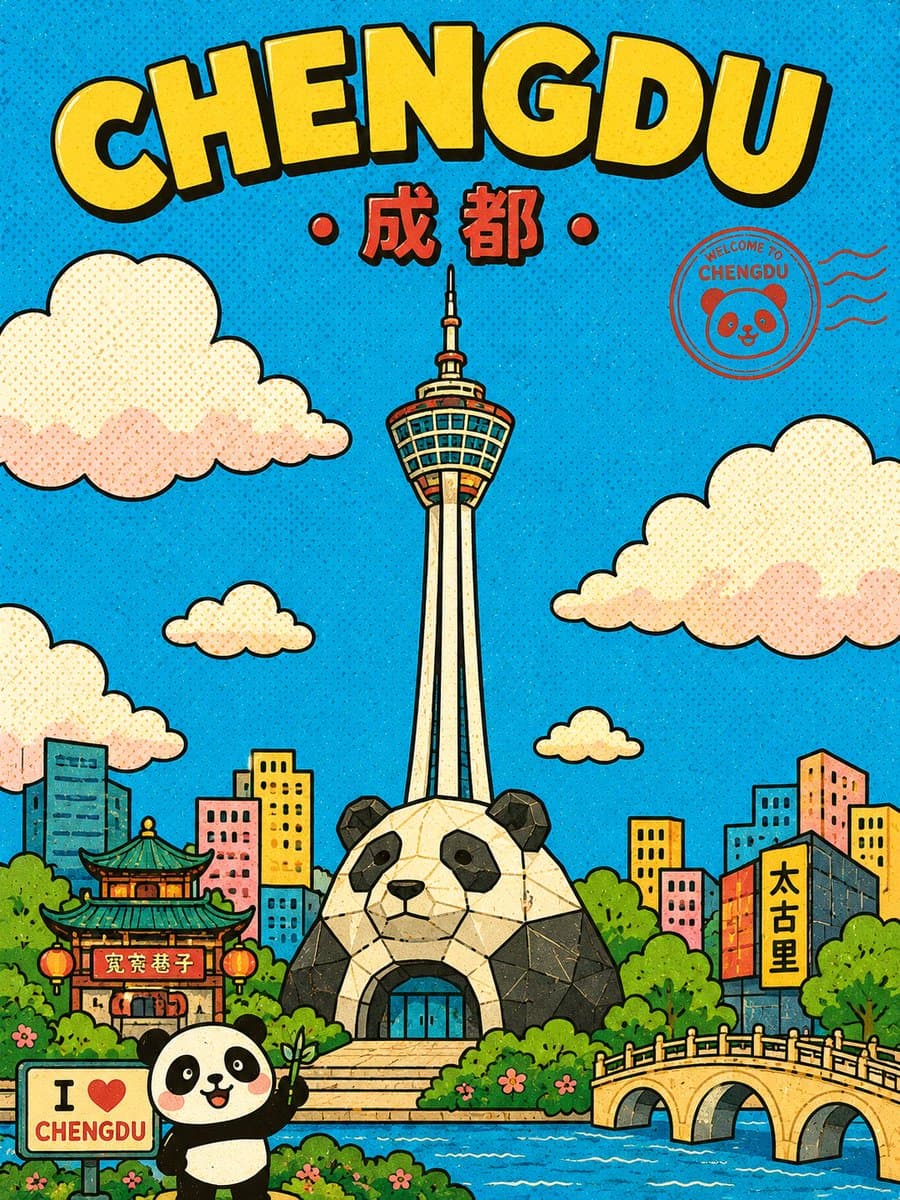 Cute Retro Chengdu Cartoon Poster preview image 1