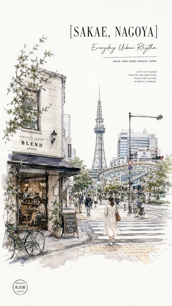 Sakae Nagoya Watercolor Travel Poster preview image 1